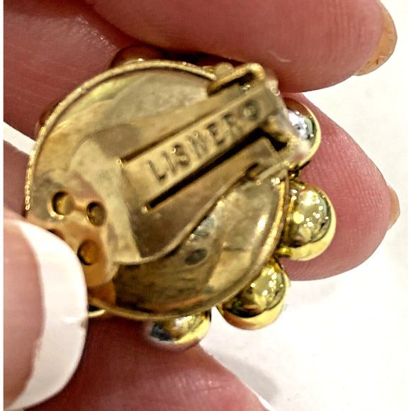 Vintage Lisner Clip On Earrings Goldtone & Clear White Rhinestone Round Clusters - Picture 4 of 8